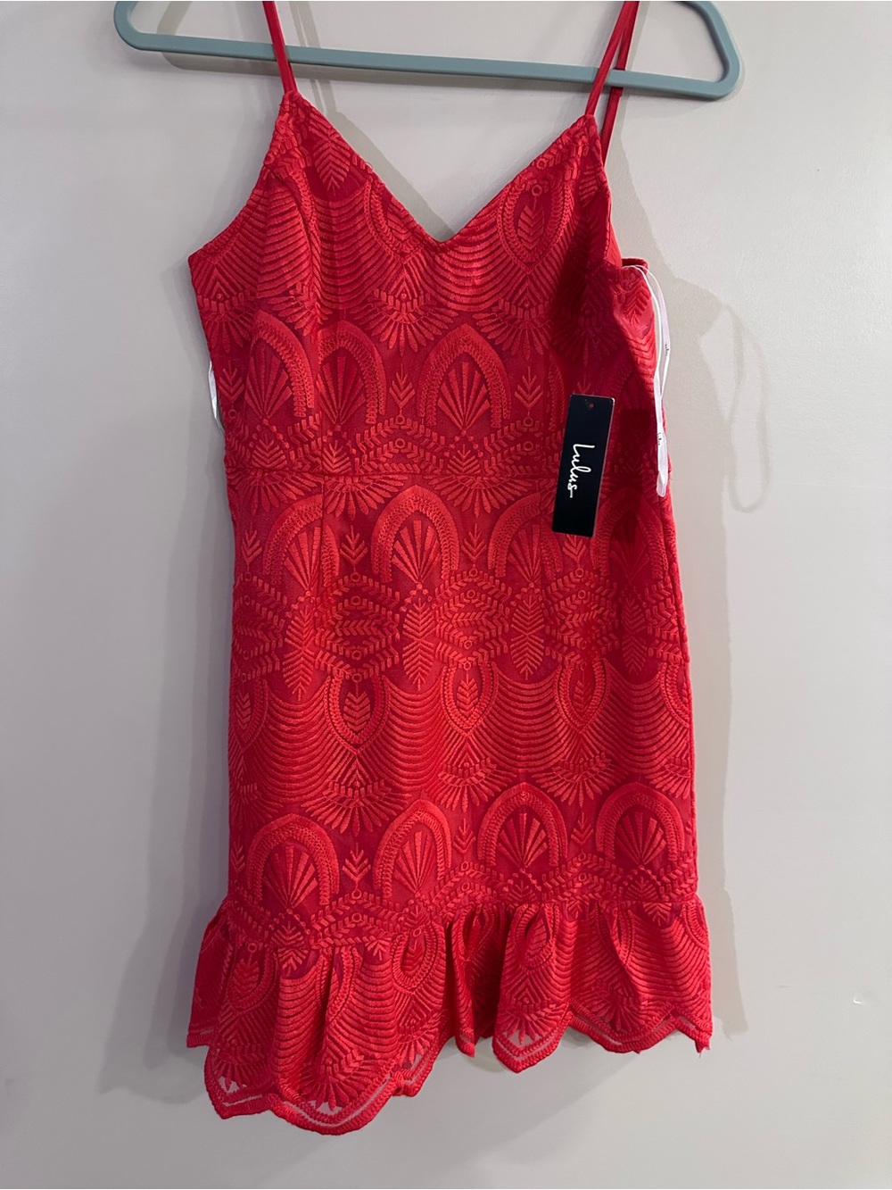Lulu's Red Lace Mini Dress with Ruffle Hem